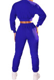 Royal blue Fashion Adult Living Solid Patchwork O Neck Long Sleeve Regular Sleeve Short Two Pieces