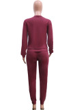 Wine Red Casual Striped Patchwork Solid pencil Long Sleeve Two Pieces