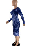 Синие повседневные саржевые атласные платья с круглым вырезом и длинным рукавом до колен, юбка-карандаш