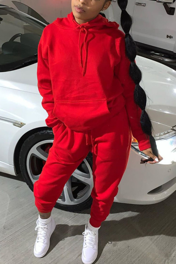 Rotes Mode-Sportbekleidungsset für Erwachsene, solides Patchwork-Kapuzenkragen-Set in Übergröße