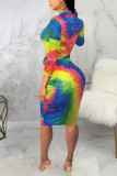 Multi-color Sexy Tie Dye Patchwork O Neck Long Sleeve Knee Length Long Sleeve Dress Dresses