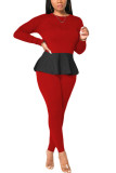 Красные модные знаменитости для взрослых в стиле пэчворк, однотонные лоскутные платья с воланами и круглым вырезом, с длинным рукавом, обычный рукав, обычные две части