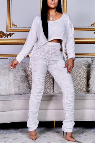 White Fashion British Style Adult Solid Draw String Fold O Neck Long Sleeve Regular Sleeve Short Two Pieces