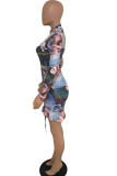 Mini vestido estampado de manga larga con cuello redondo y estampado de fibra de leche para adultos a la moda multicolor