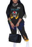 Black Fashion Sportswear Adult Blaze Skull Head Print Patchwork O Neck Long Sleeve Regular Sleeve Regular Two Pieces