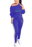 Blue Fashion Casual Adult Print Letter Oblique Collar Long Sleeve One Shoulder Regular Two Pieces