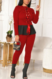 Red Fashion Celebrities Adult Patchwork Solid Patchwork Flounce O Neck Long Sleeve Regular Sleeve Regular Two Pieces
