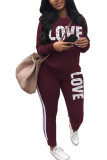 Wine Red Casual Striped Patchwork Solid pencil Long Sleeve Two Pieces