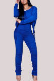 Blaue Mode im britischen Stil für Erwachsene, einfarbig, Kordelzug, Falten, O-Ausschnitt, lange Ärmel, normale Ärmel, kurz, zweiteilig