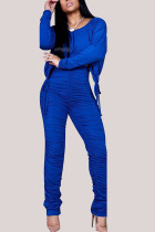Bleu mode Style britannique adulte solide cordon de serrage pli col rond manches longues manches régulières courtes deux pièces