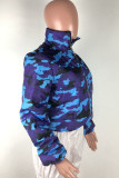 Blue Elegant Print Turtleneck Outerwear