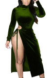 Grönt mode Casual Vuxen massivt urholkat lapptäcke O-hals Långärmad Långärmad klänning med mitten av vaden