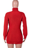 Célébrités de la mode rouge adultes solides pulls col roulé manches longues longueur au genou jupe crayon robes