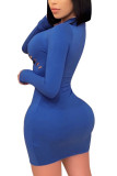 Azul moda rua adulto sólido rasgado o pescoço manga longa mini vestidos de ternos de uma peça