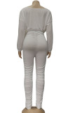 White Fashion British Style Adult Solid Draw String Fold O Neck Long Sleeve Regular Sleeve Short Two Pieces