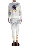 White Fashion Sportswear Adult Blaze Skull Head Print Patchwork O Neck Long Sleeve Regular Sleeve Regular Two Pieces