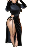 黒ファッションカジュアル大人固体中空パッチワーク O ネック長袖ミッドカーフ長袖ドレスドレス