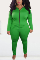 Green Fashion Street Adult Polyester Solid Split Joint O Neck Plus Size 