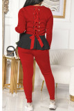 Красные модные знаменитости для взрослых в стиле пэчворк, однотонные лоскутные платья с воланами и круглым вырезом, с длинным рукавом, обычный рукав, обычные две части