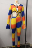 Gele sexy print patchwork skinny jumpsuits met o-hals