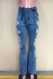 Blue Daily Solid Ripped Boot Cut Denim