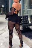Black Fashion Casual Adult Solid See-through Backless Strapless Long Sleeve Off The Shoulder Short Two Pieces