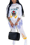 ホワイトファッションスポーツウェア大人ブレイズスカルヘッドプリントパッチワークOネック長袖レギュラースリーブレギュラーXNUMX枚