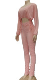 Pink Fashion British Style Adult Solid Draw String Fold O Neck Long Sleeve Regular Sleeve Short Two Pieces