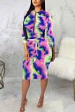 Rose Sexy Tie Dye Patchwork O Cou Manches Longues Longueur Genou Manches Longues Robe Robes