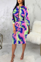 Vert Sexy Tie Dye Patchwork O Cou Manches Longues Longueur Genou Manches Longues Robe Robes