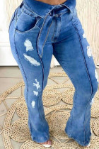 Dril de algodón con corte de bota rasgado sólido diario azul