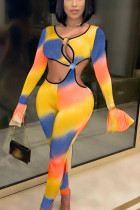 Yellow Sexy Polyester Print Split Joint O Neck Skinny Jumpsuits