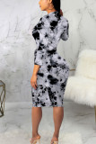 Black White Sexy Tie Dye Patchwork O Neck Long Sleeve Knee Length Long Sleeve Dress Dresses