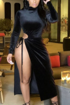Black Fashion Casual Adult Polyester Solid Hollowed Out Split Joint O Neck Long Sleeve Mid Calf Long Sleeve Dress Dresses