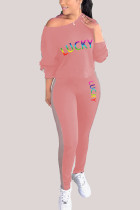 Pink Fashion Casual Adult Print Letter Oblique Collar Long Sleeve One Shoulder Regular Two Pieces