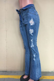 Blue Daily Solid Boot Cut Ripped Denim Jeans