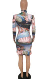 Mini vestido estampado de manga larga con cuello redondo y estampado de fibra de leche para adultos a la moda multicolor