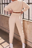 Cream white Fashion Adult Living Solid Patchwork O Neck Long Sleeve Regular Sleeve Short Two Pieces