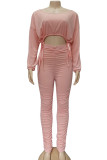Pink Fashion British Style Adult Solid Draw String Fold O Neck Long Sleeve Regular Sleeve Short Two Pieces
