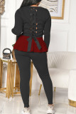 Черные модные знаменитости для взрослых в стиле пэчворк, однотонные лоскутные изделия с воланом, круглым вырезом, длинным рукавом, обычный рукав, обычные две части