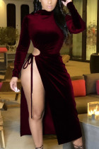 Wine Red Fashion Casual Adult Polyester Solid Hollowed Out Split Joint O Neck Long Sleeve Mid Calf Long Sleeve Dress Dresses