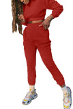 Rote Mode für Erwachsene, solide Patchwork-O-Ausschnitt, lange Ärmel, normale Ärmel, kurz, zweiteilig