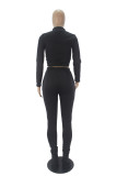 Black Casual Solid Embroidered Mandarin Collar Long Sleeve Regular Sleeve Short Two Pieces