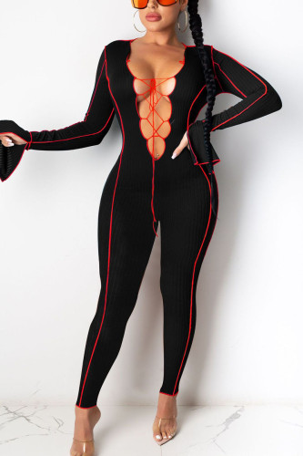 Black Sexy Solid Bandage Split Joint O Neck Jumpsuits