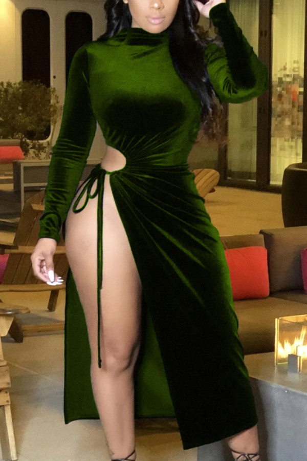 Grönt mode Casual Vuxen massivt urholkat lapptäcke O-hals Långärmad Långärmad klänning med mitten av vaden