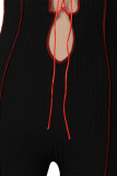 Черные сексуальные однотонные комбинезоны в стиле пэчворк с круглым вырезом