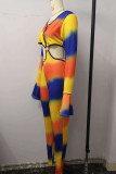 Yellow Sexy Print Patchwork O Neck Skinny Jumpsuits