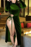 Green Fashion Casual Adult Solid Hollowed Out Patchwork O Neck Long Sleeve Mid Calf Long Sleeve Dress Dresses