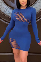 Blue Fashion Street Adult Cotton Solid Ripped O Neck Long Sleeve Mini One-piece Suits Dresses