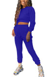 Royal blue Fashion Adult Living Solid Patchwork O Neck Long Sleeve Regular Sleeve Short Two Pieces